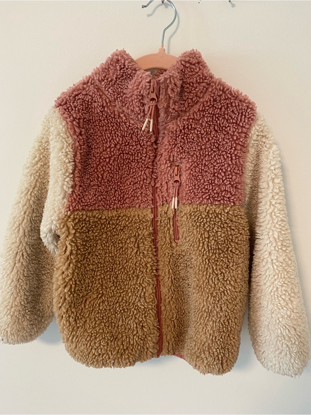 H&M Kids Colorblock Teddy Jacket - Rose, Tan & Cream - size 4-6
